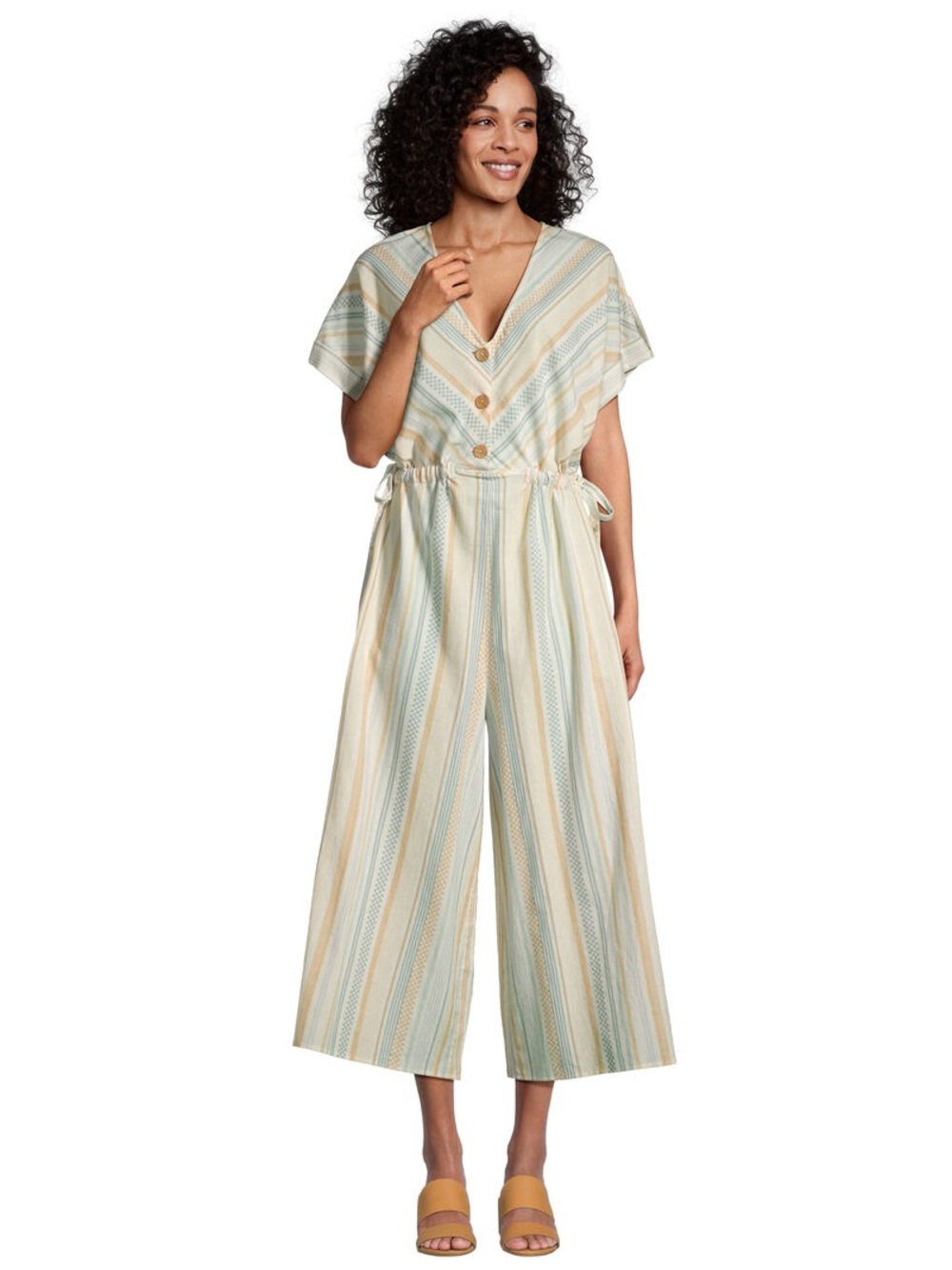 World Market Shilo Striped Wide Leg Cinch Waist Jumpsuit Ivory Multi Cropped